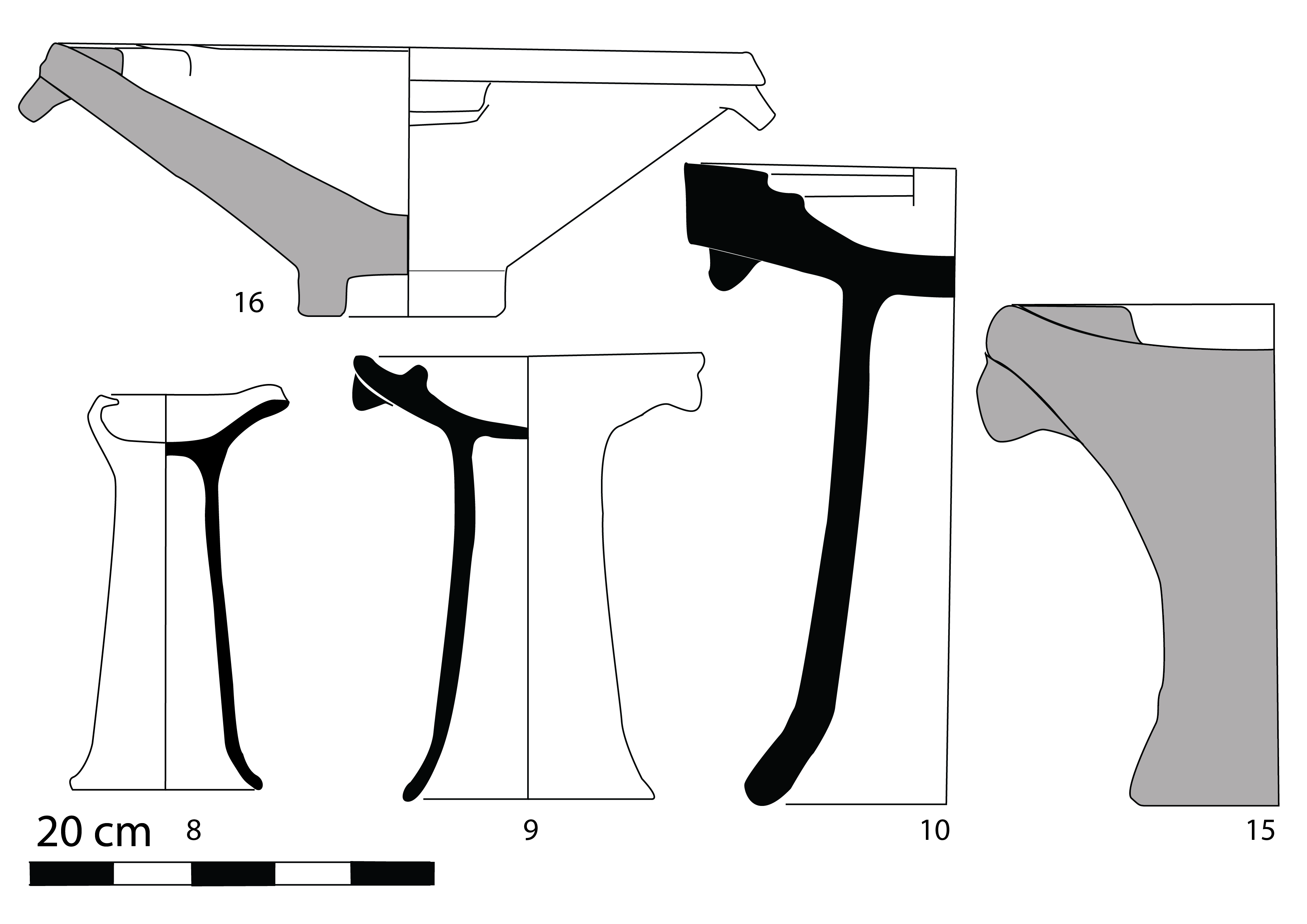 lampes à piédestal (en noir les exemplaires en terre cuite, en gris ceux en pierre et en pointillés les formes non dessinées)